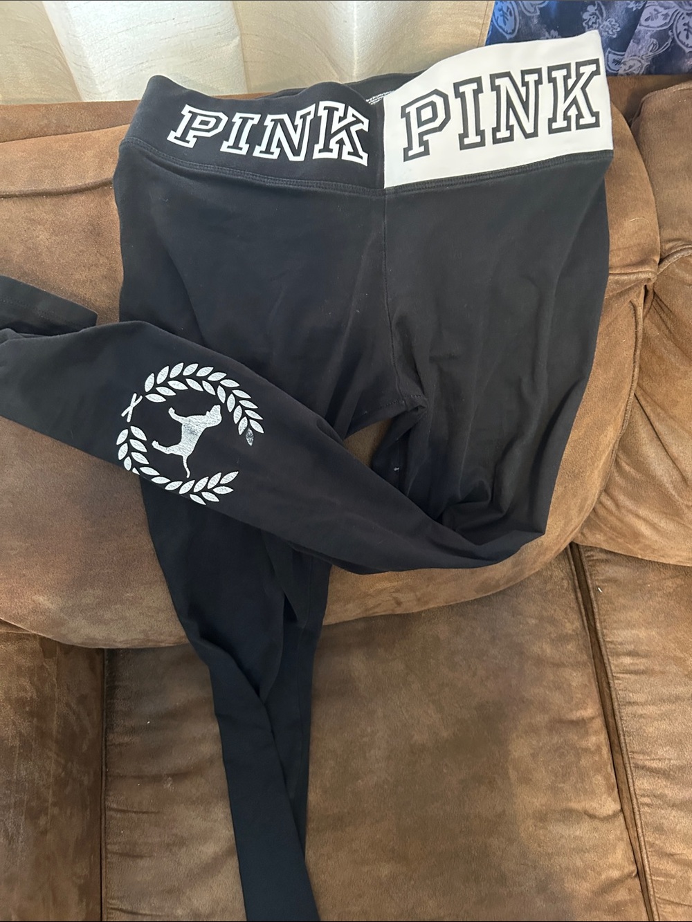 PINK Victoria's Secret Black Leggings with White Logo Waistband